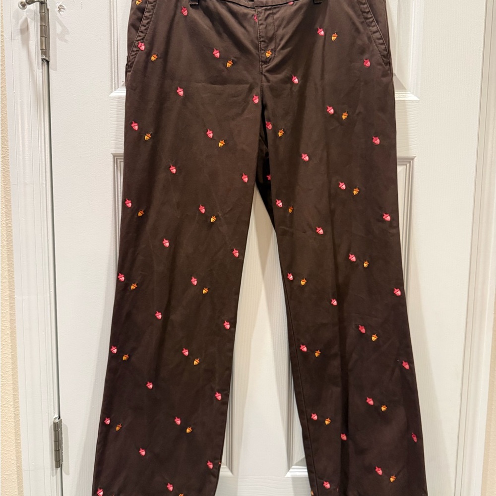 Lilly Pulitzer VTG 100% Cotton Brown Wider Leg Pants with Pink Acorn Embroidery